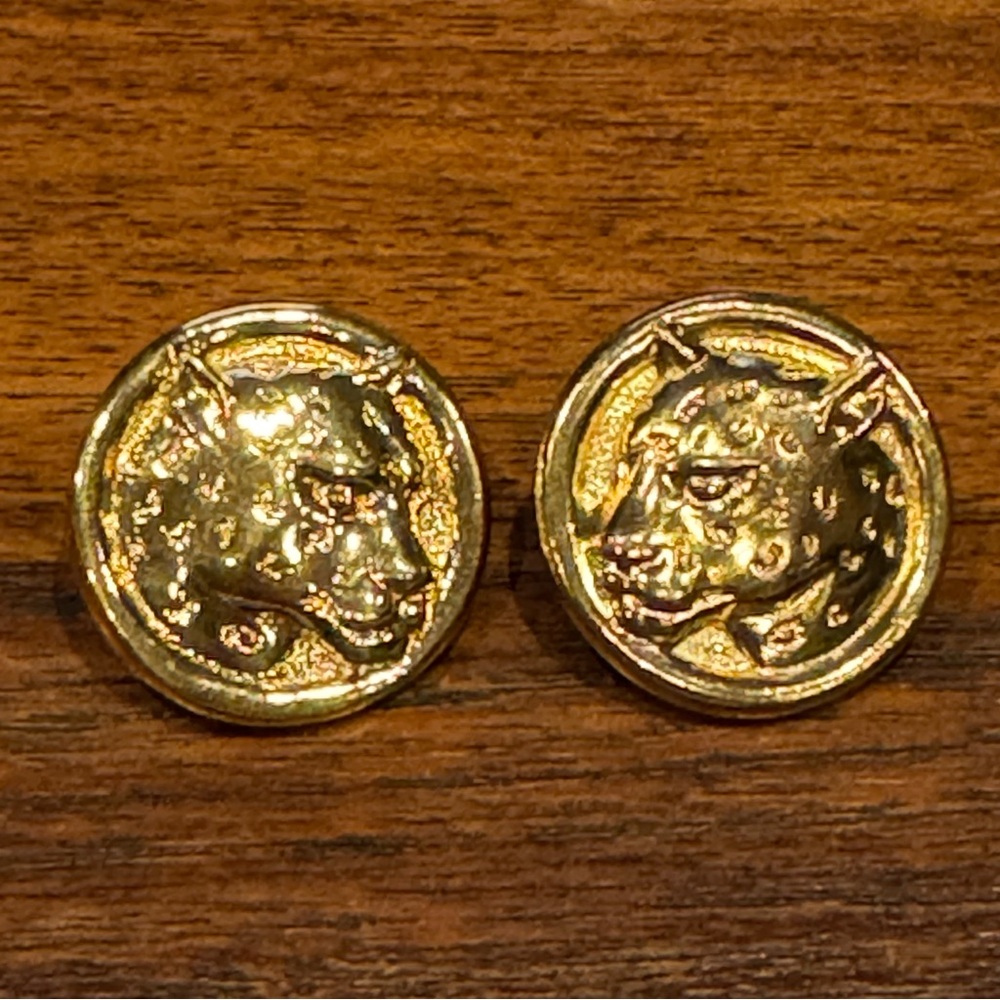 Vintage Gold Tone Panther, Jaguar Leopard Post Earrings Round Statement Runway